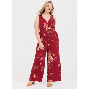 Torrid Jumpsuit Womens 2 2X Red Floral Wide Leg Tank Tie Back Challis V Neck